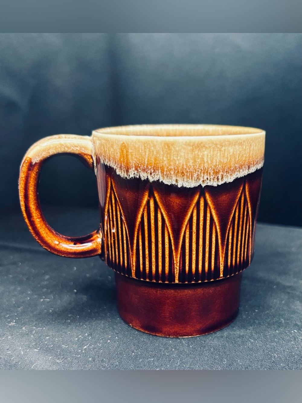 Vintage 1970s Japanese brown drip glaze stacking mug